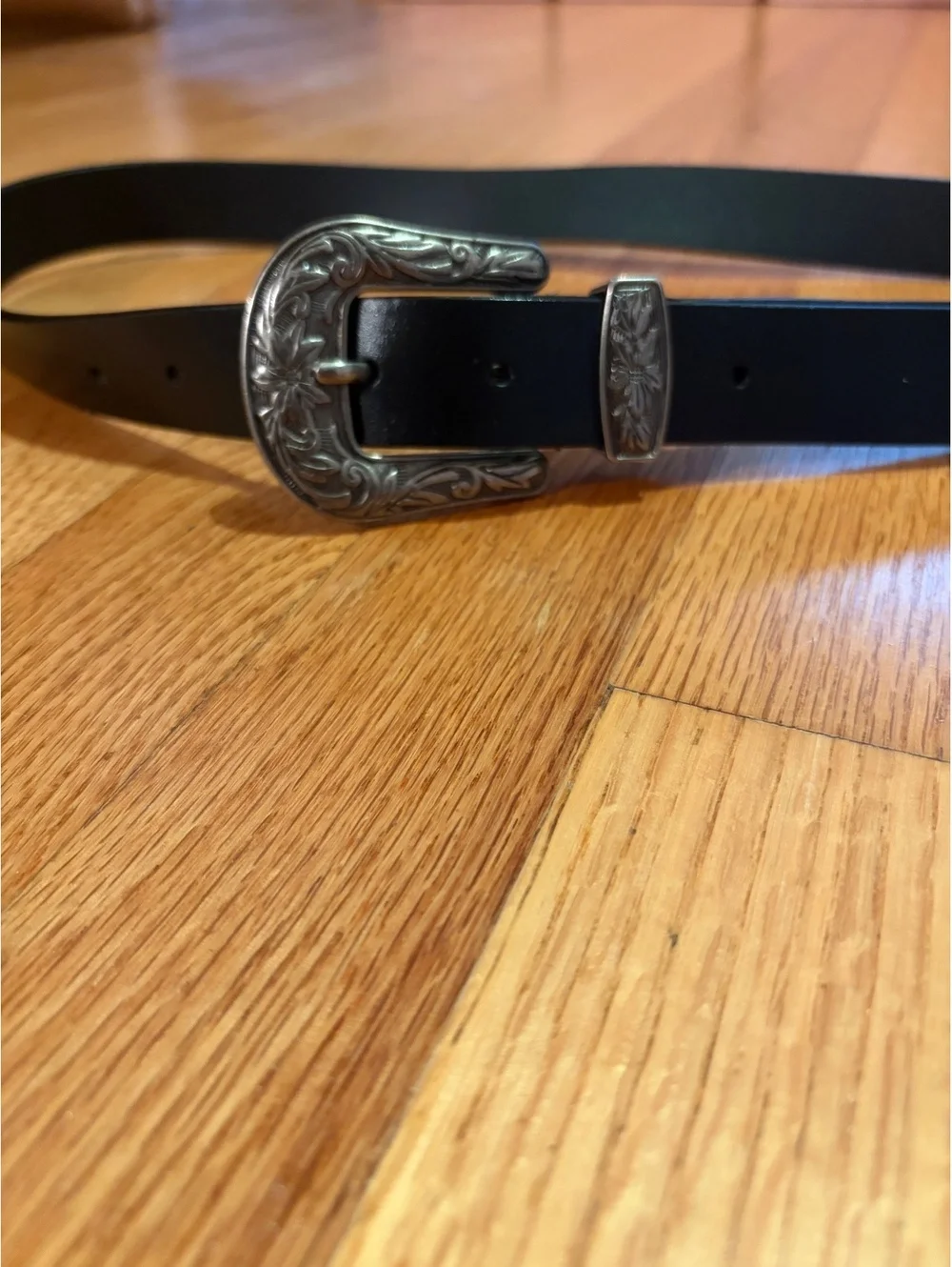 Black Western Style Leather Belt with Embossed Silver Buckle